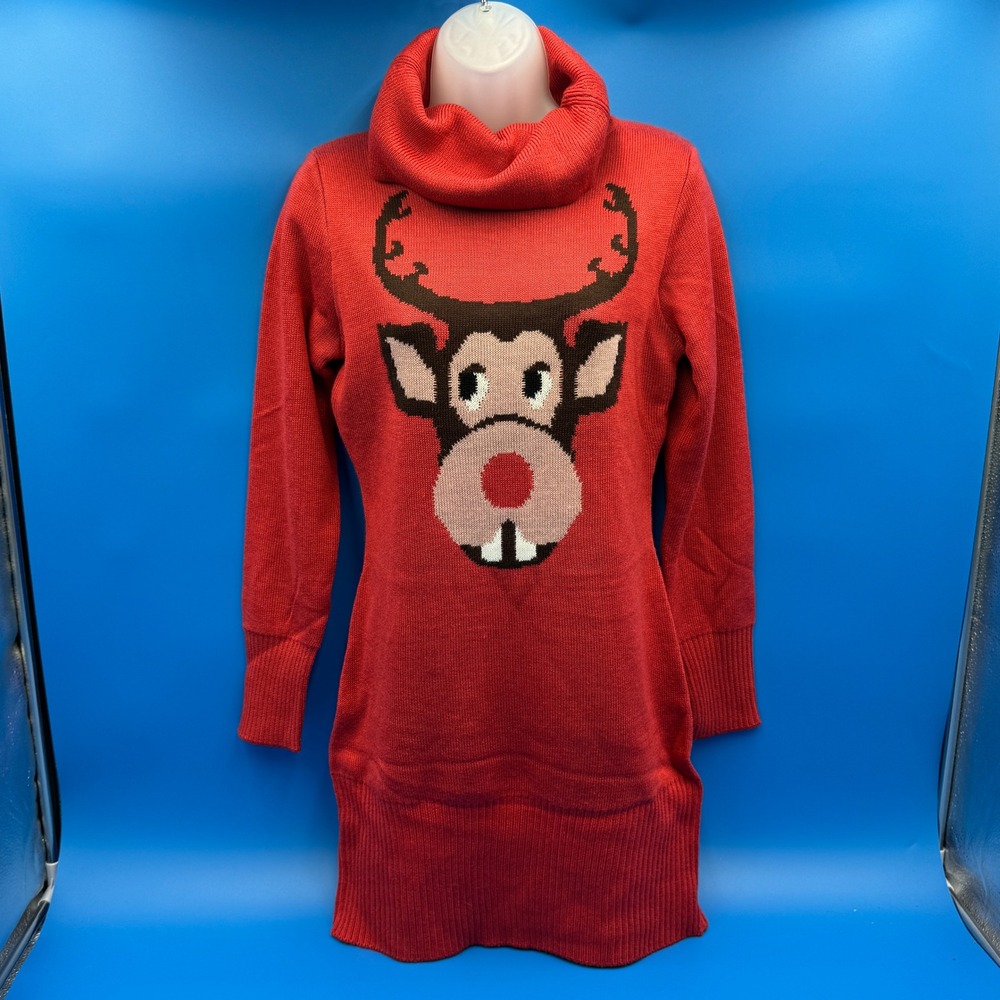 Tipsy‎ Elves Women's Red Reindeer Ugly Christmas Sweater Dress Size S